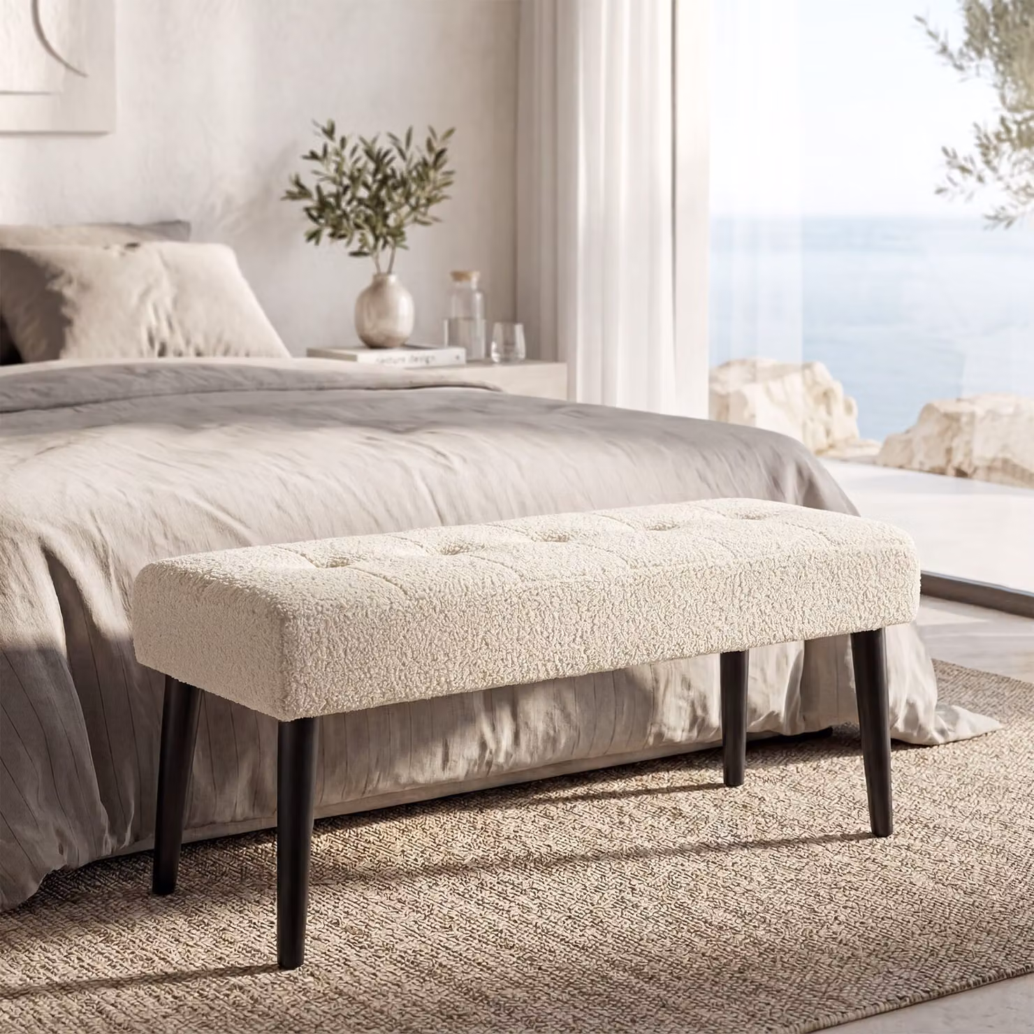 Panca Glora tectake in stile scandinavo con rivestimento in bouclé beige e struttura in metallo, L: 120 cm, P: 45 cm, H: 38 cm – 1