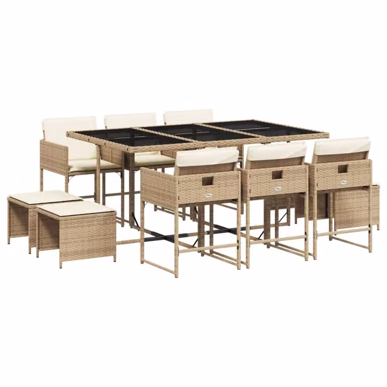 Set da Pranzo da Giardino 11 pz con Cuscini Beige in Polyrattan