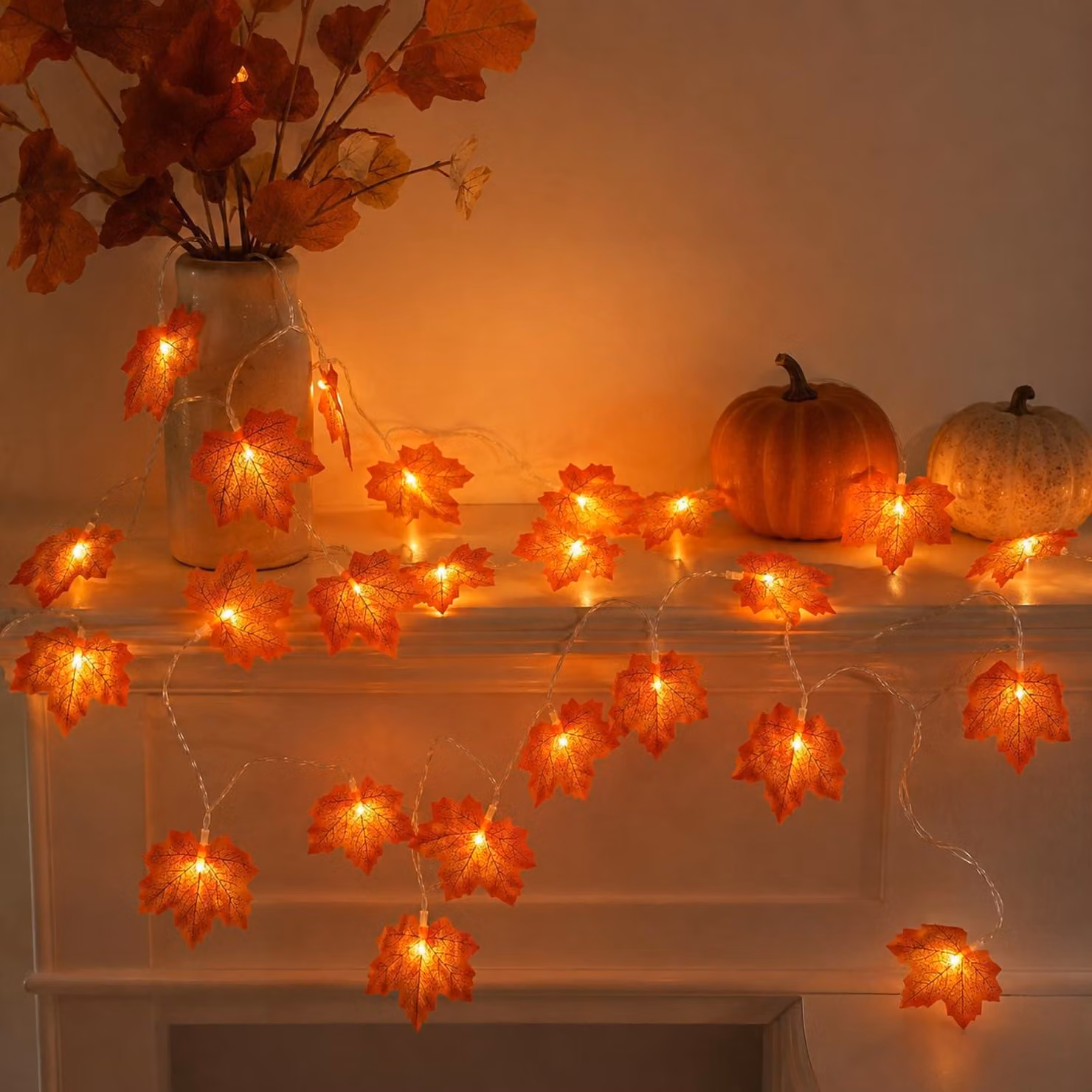 Catena luminosa a forma di foglie d'acero, lunghezza 3 metri, 20 LED, luce bianco caldo