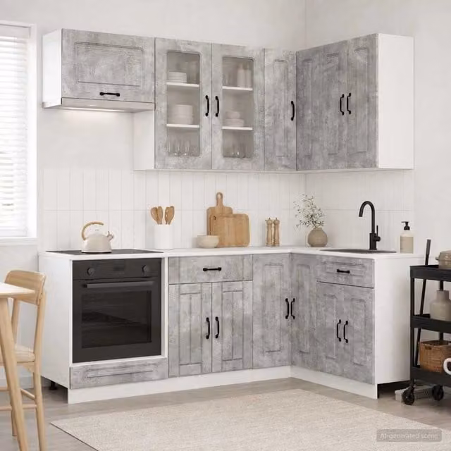 Unità Cucina Minimalista vidaXL KALMAR 8 Pezzi Grigio con Ante in Vetro e Legno MDF