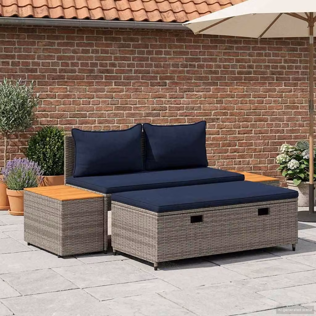 Set di divani da esterno vidaXL a forma di L composto da 4 pezzi con cuscini inclusi, struttura in acciaio verniciato a polvere e tessuto resistente ai raggi UV, colore grigio o blu