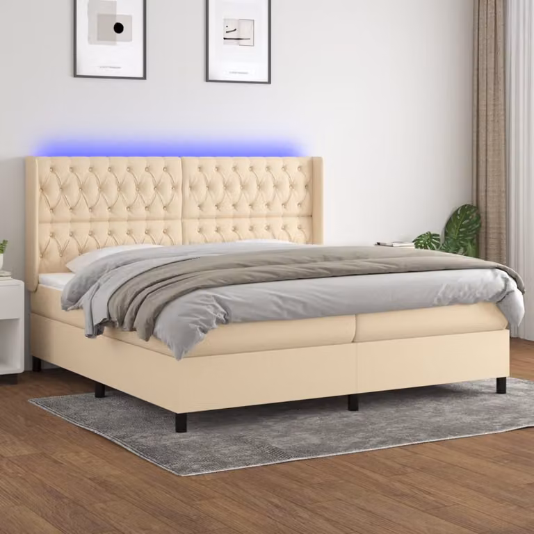 Letto a Molle vidaXL con Testiera in Tessuto, Illuminazione LED e Porte USB, Bianco/Beige, 200 x 200 cm