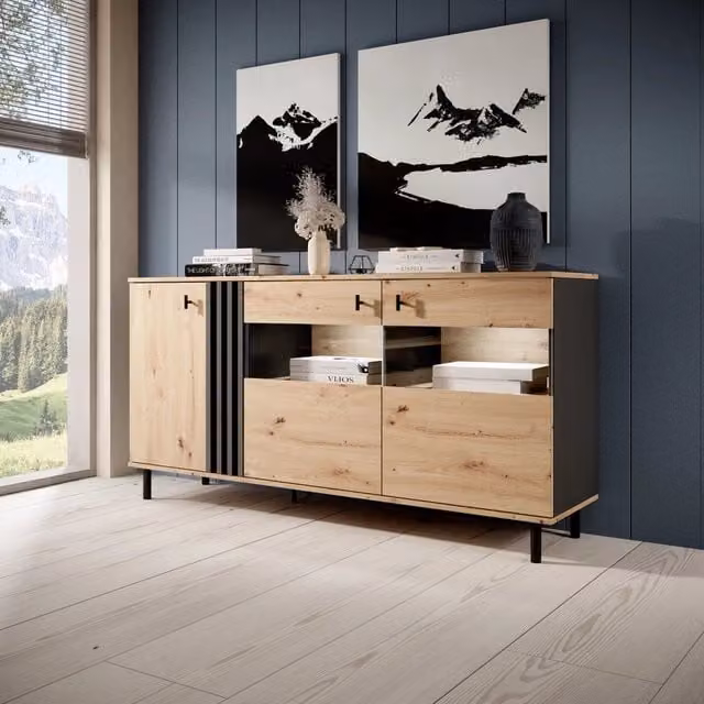 Madia Hare DMORA con 3 ripiani in rovere marrone, L: 165 cm, P: 40 cm, H: 82 cm