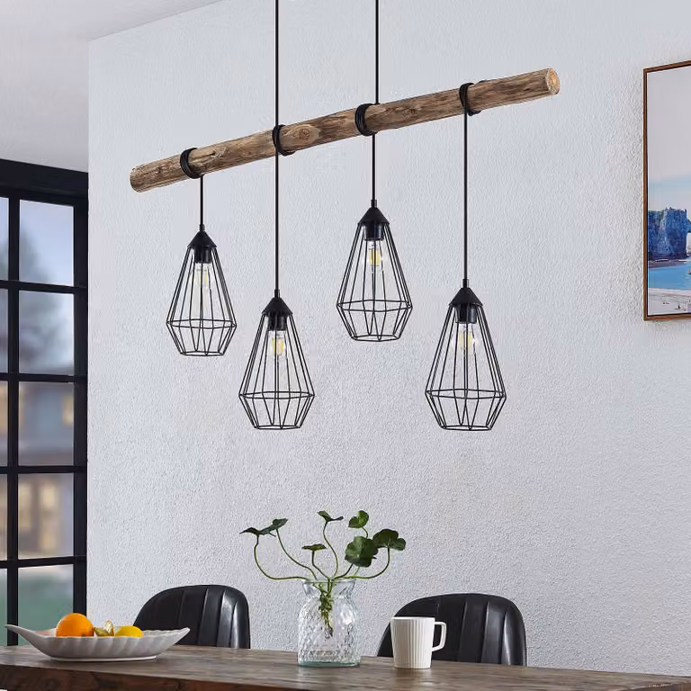 Lampada a sospensione Eldarion Lindby, dimmerabile, Legno chiaro, Soggiorno / Sala da pranzo, Metallo, Campagna / Rustiche, Lampada a sospensione