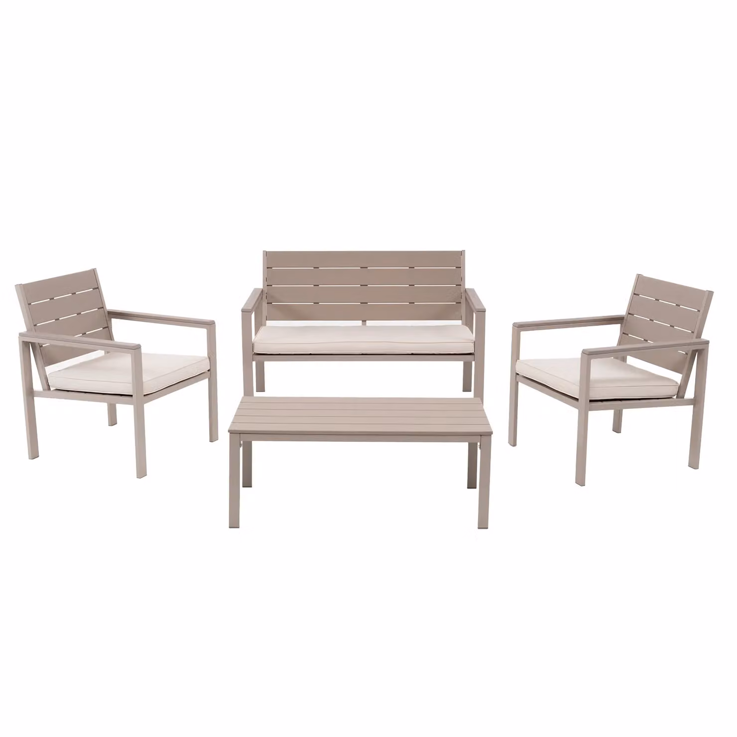 Vestiamo Casa Giardino Set da giardino 4 pezzi moderno con struttura in acciaio beige e doghe in HDPE effetto legno tortora, comprensivo di divano a 2 posti, tavolino da caffè e cuscini imbottiti – 1
