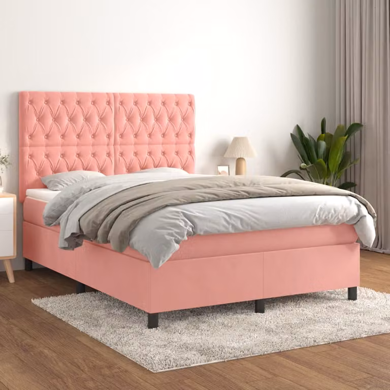 Letto Ibrido vidaXL con Giroletto a Molle e Materasso in Velluto Rosa e Bianco, L/P/H: 140 x 190 cm