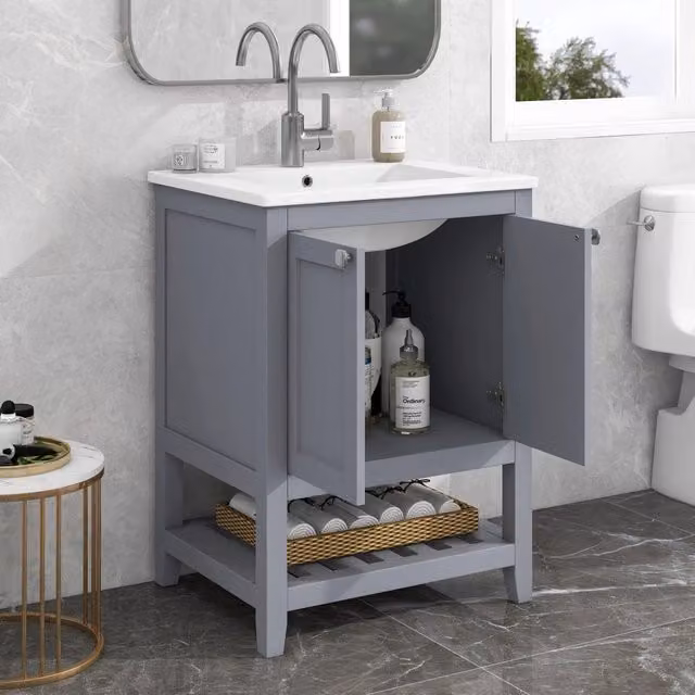 Mobile sottolavabo da bagno con lavabo in ceramica e vano aperto, struttura a pavimento, grigio e bianco, legno e MDF