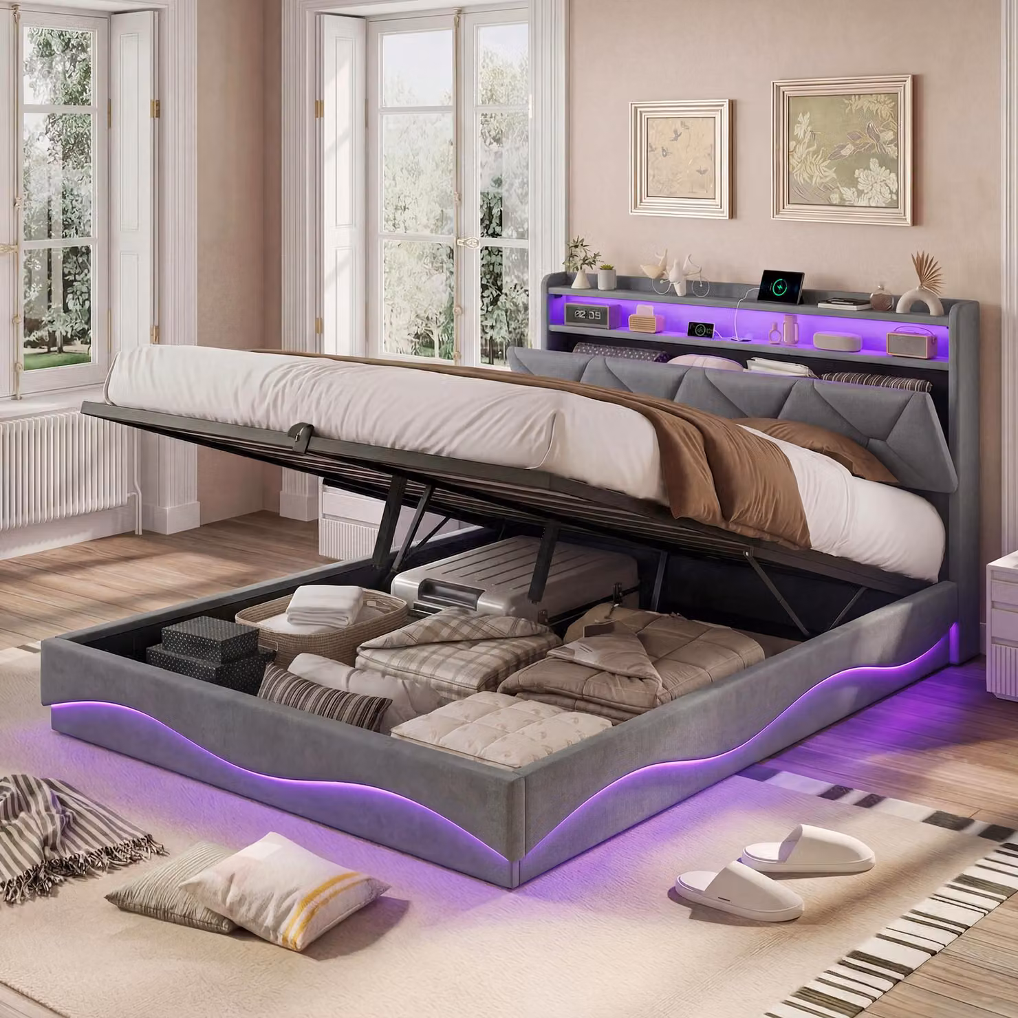 Letto Moonbite con contenitore, dimensioni 160x200 cm, rivestito in velluto grigio a motivi a rombi – LED RGB con 6000 colori, struttura a molle, sistema di ricarica duale