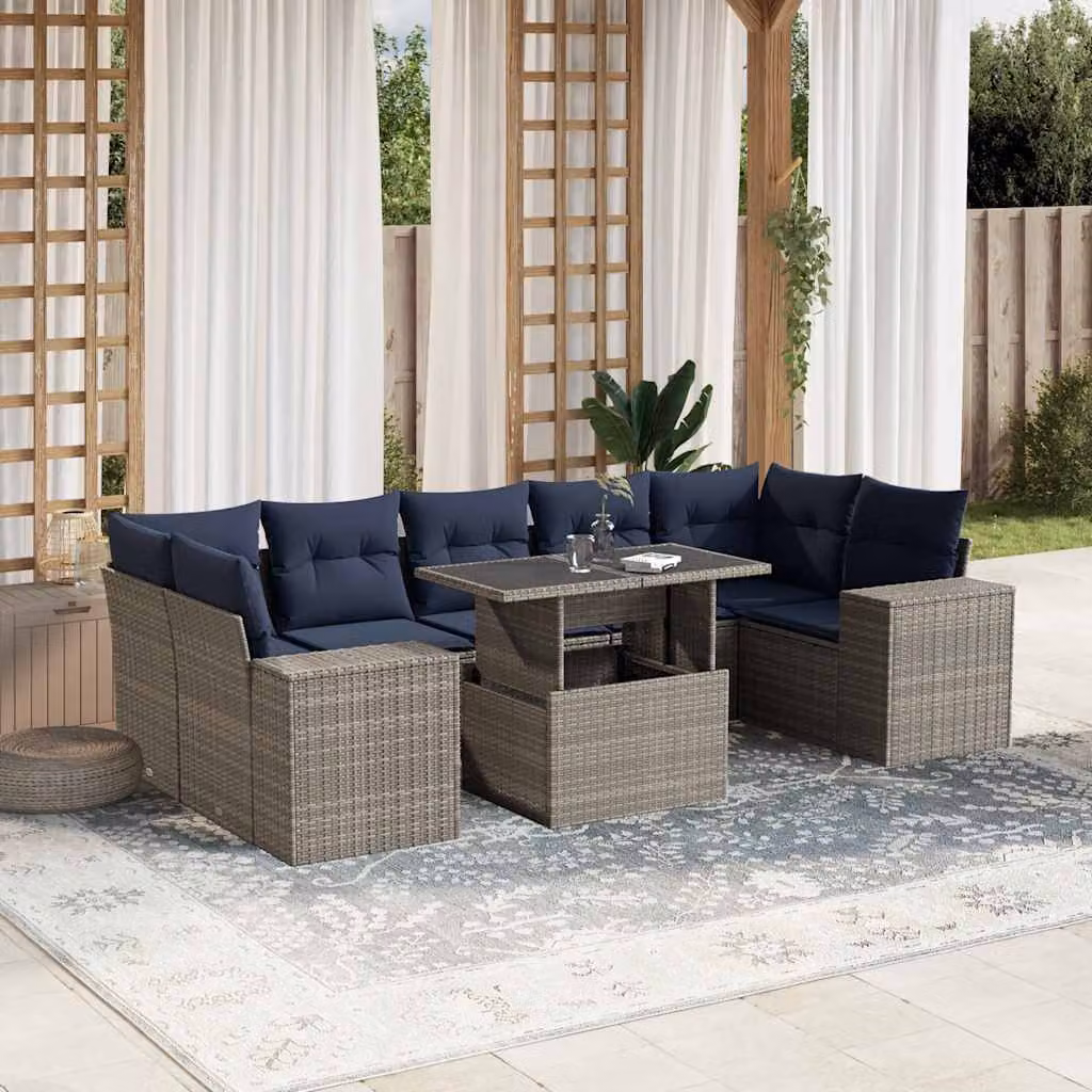Set Divani da Giardino vidaXL 8 pz in Polyrattan con Cuscini e Tavolino, Design Moderno a L, Grigio e Blu