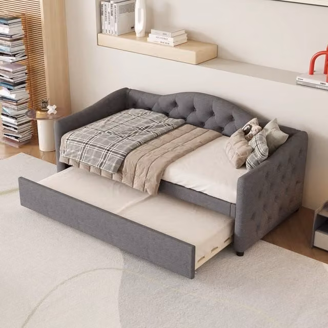 Divano letto singolo 90x200 cm con letto estraibile 90x190 cm; struttura in lino e MDF; beige