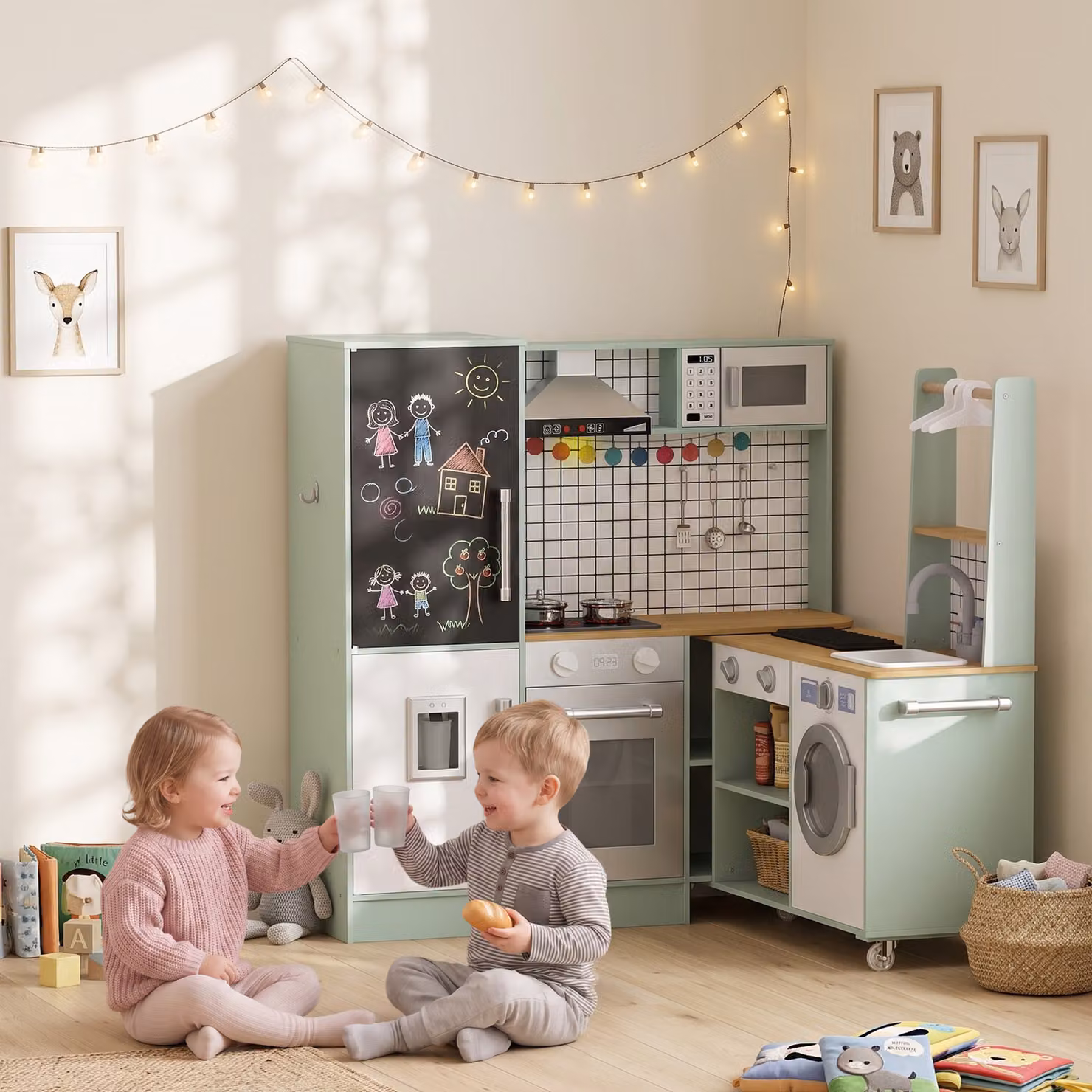 Cucina per Bambini AIYAPLAY con Piano Girevole, Fornelli, Luci e Suoni, Forno e Microonde, Verde Chiaro – 2