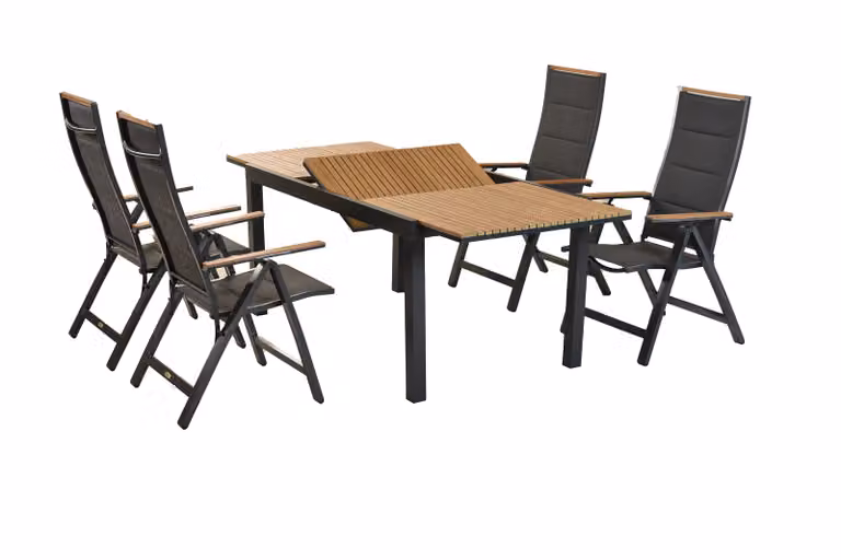 Set Merxx "Verona" da 5 pezzi, 4 poltroncine pieghevoli, tavolo allungabile 150 (200) x 90 cm, piano in plastica, alluminio/tessuto