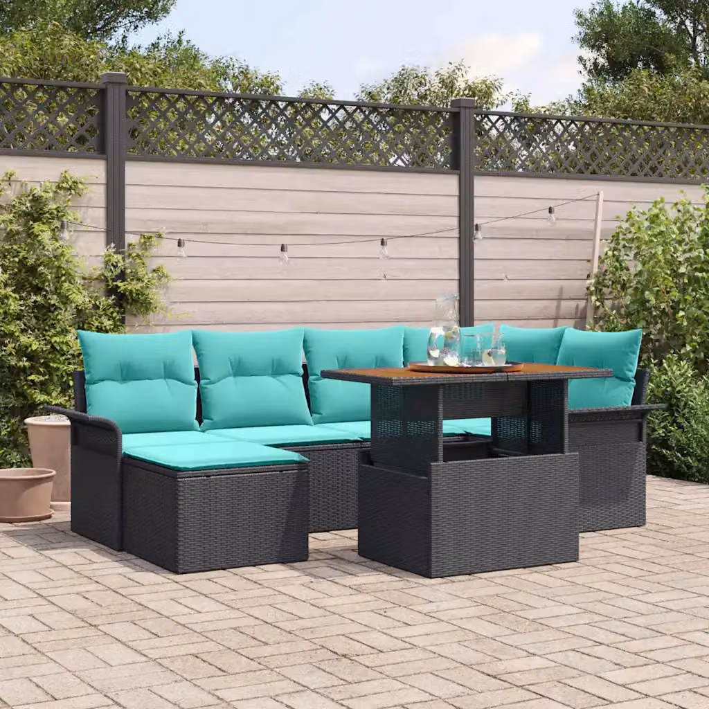 Set Divano da Giardino vidaXL 7 Pezzi in Rattan con Cuscini Turchesi e Nero, Design Moderno a L con Tavolino e Pouf, Struttura in Acciaio Verniciato a Polvere