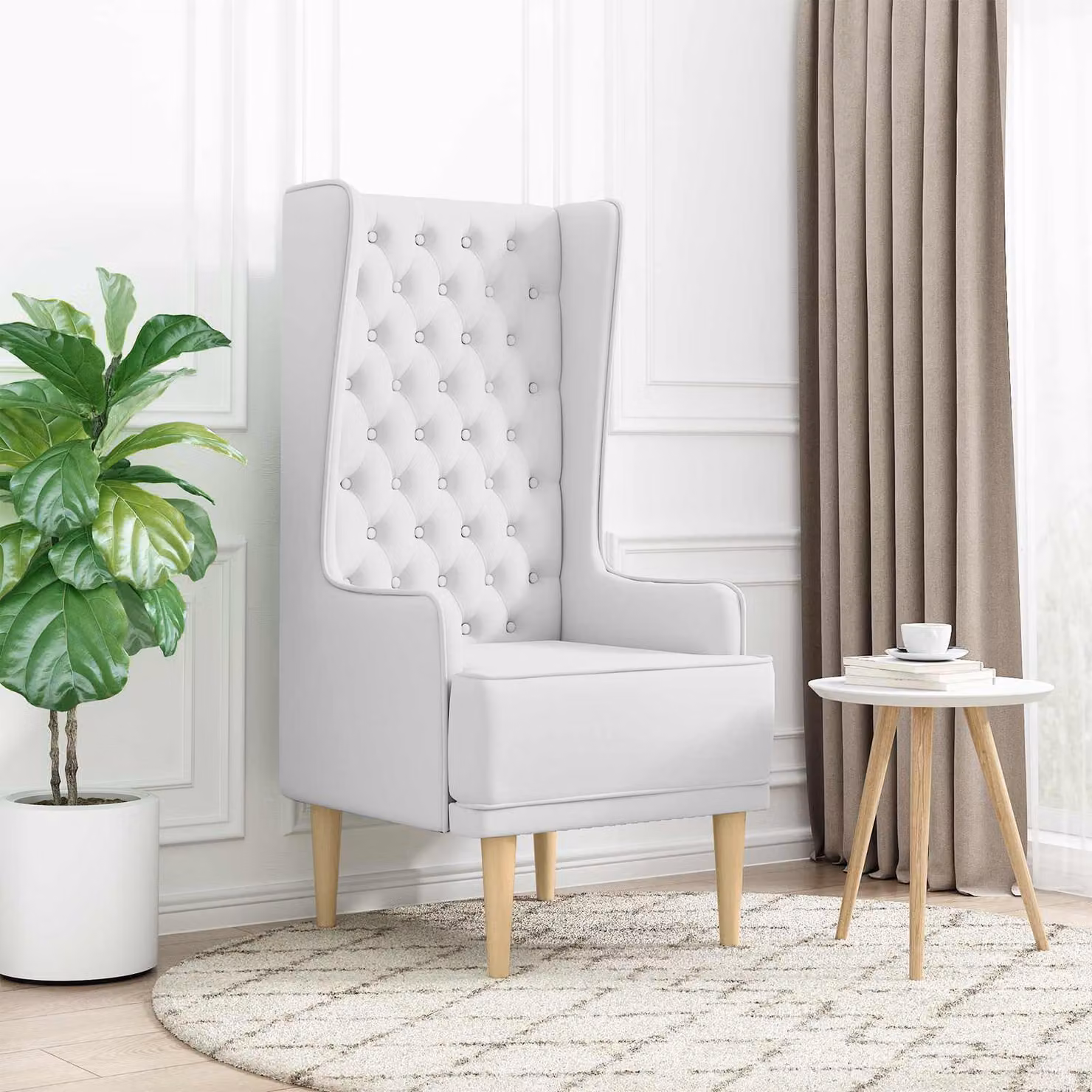 Sedia a schienale alto trapuntata a bottoni stile Chesterfield vidaXL in tessuto bianco con struttura in legno e plastica L: 46 cm, P: 64 cm, H: 110 cm