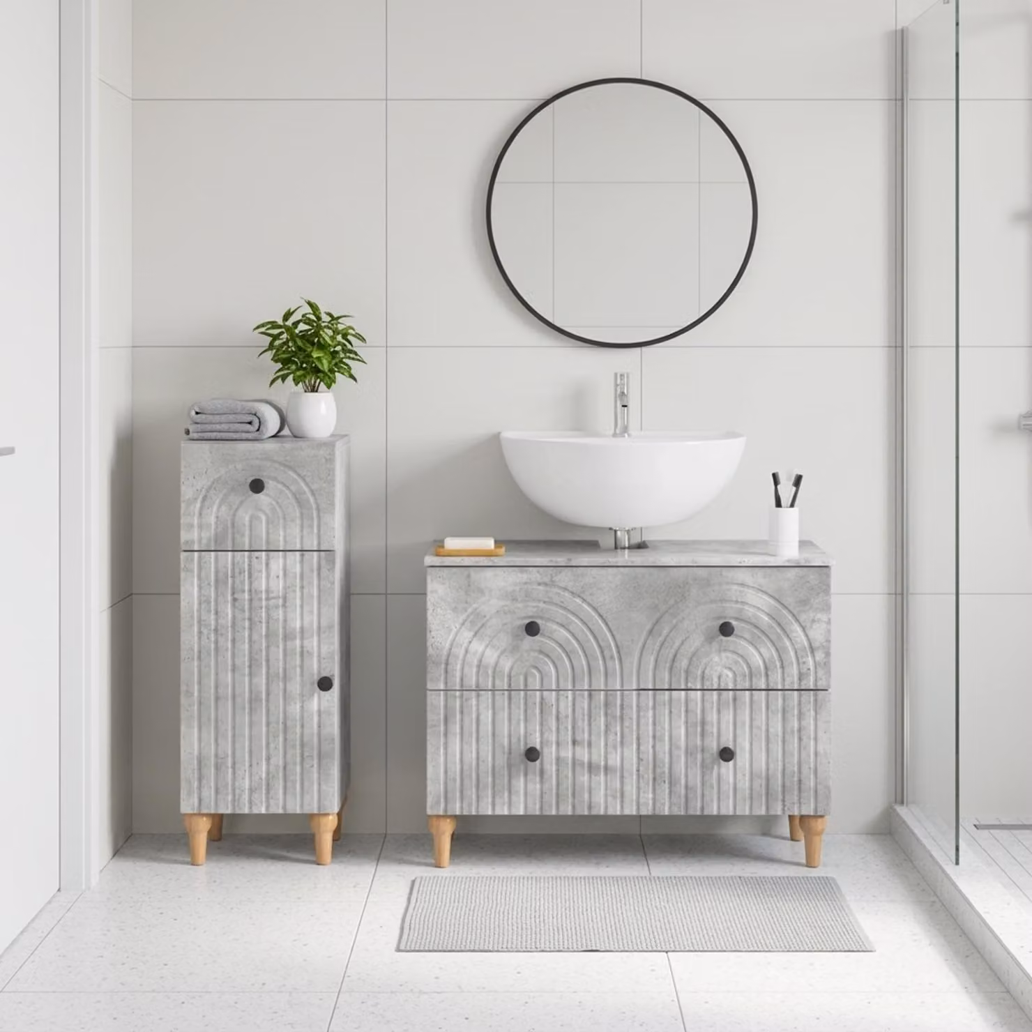 Set di 2 mobili da bagno moderni vidaXL ALKMAAR in legno, colore grigio, con ante a cerniera e ripiani interni, freestanding
