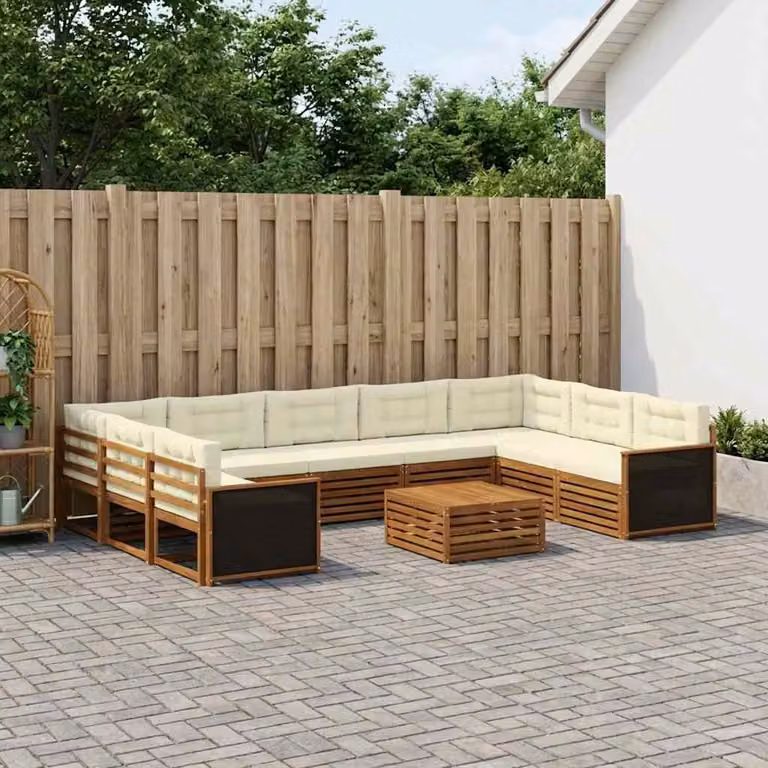 Set di divani da esterno vidaXL a forma di U in legno di acacia con tavolo da caffè e cuscini, colore beige, bianco e marrone