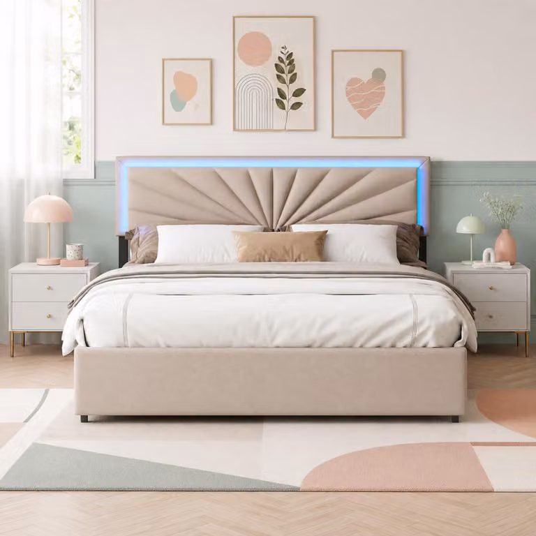 Letto matrimoniale imbottito INONEFT, dimensioni 160x200 cm, con contenitore e 4 cassetti, letto per ragazzi con rete a doghe, poggiatesta regolabile con illuminazione LED, colore: lino, beige