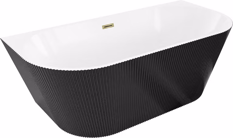 Mexen Oris vasca autoportante a parete scanalata 150 x 75 cm, bianca/nera, troppopieno dorato - 52871507575-50