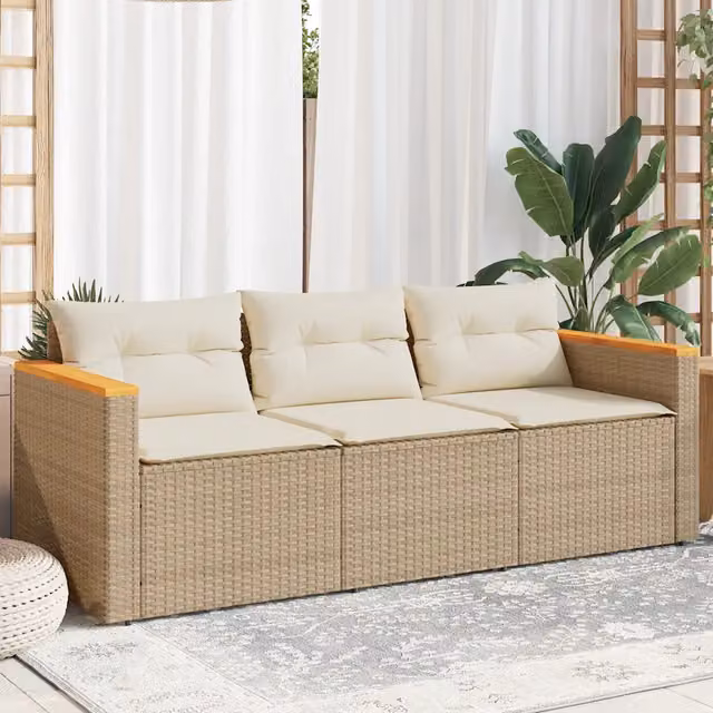 Divano da Giardino con Cuscini a 3 Posti-Sofa da Giardino-Divano da esterno Beige in Polyrattan 709247