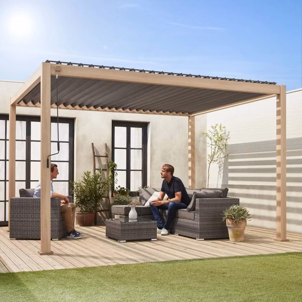 Pergola bioclimatica Sweeek in alluminio marrone con lamelle orientabili L: 4 m, P: 3 m – 2
