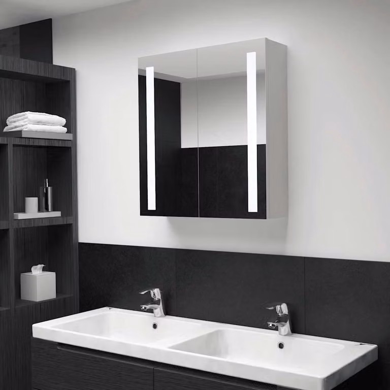 Armadietto da bagno moderno vidaXL con specchio e illuminazione LED, bianco e argento, L: 60 cm, P: 14 cm, H: 62 cm