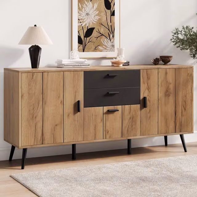 Sideboard moderno WISHDOR in MDF nero e marrone con cassetti soft close, L: 140 cm, P: 35 cm, H: 67 cm