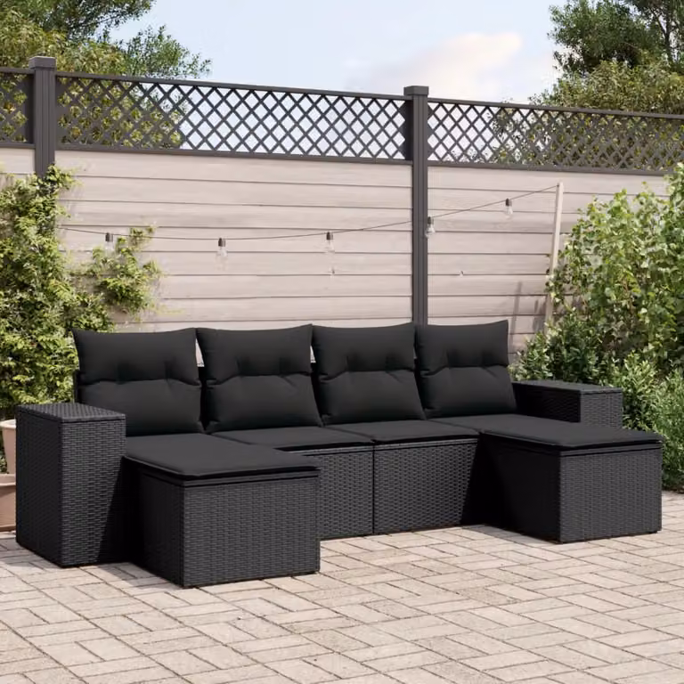 Set Divano da Giardino vidaXL 6 pz a Forma a L in Polyrattan Nero con Cuscini Imbottiti e Coperture Rimosse