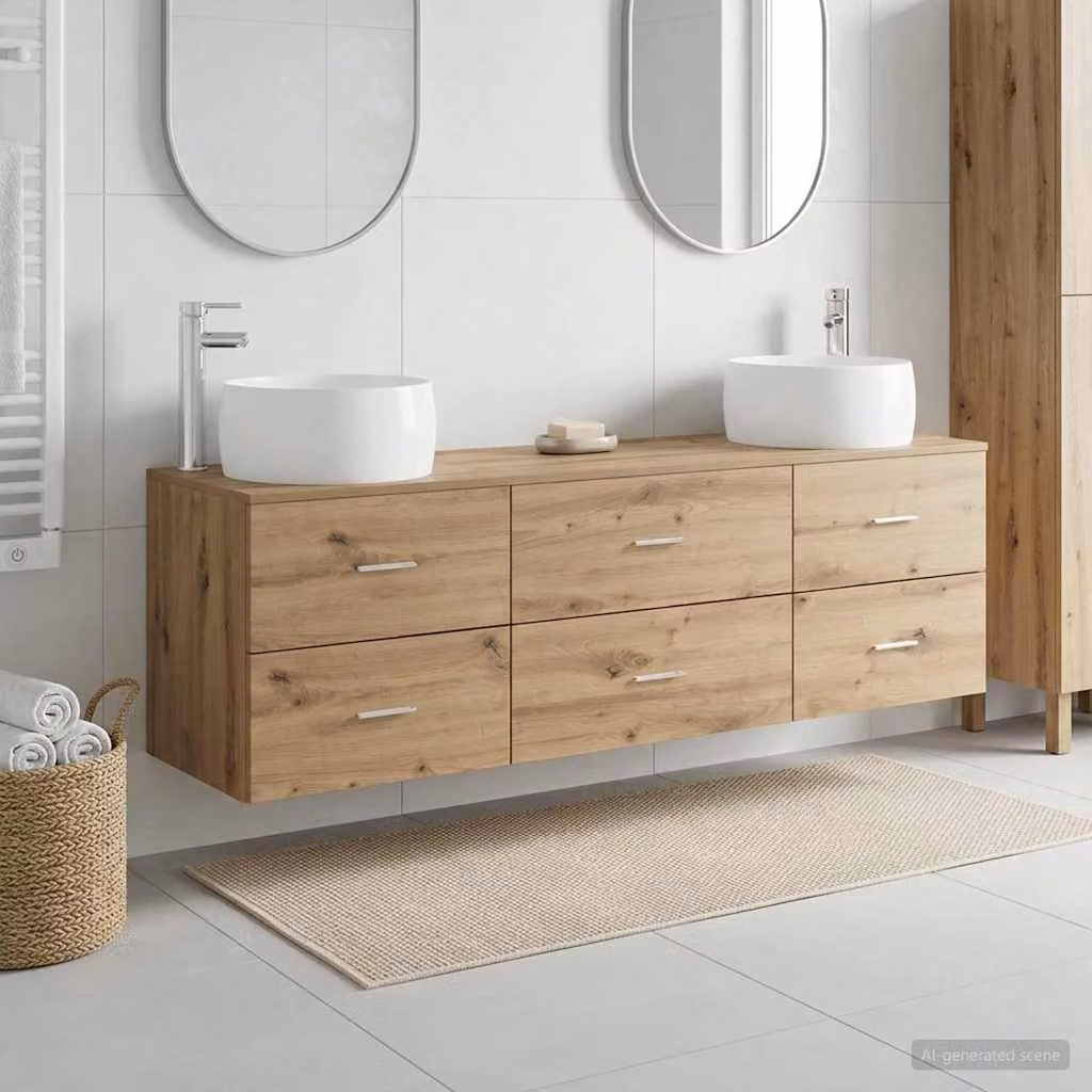 Set di mobili da bagno moderno vidaXL in legno marrone con dettagli argento, 3 pezzi