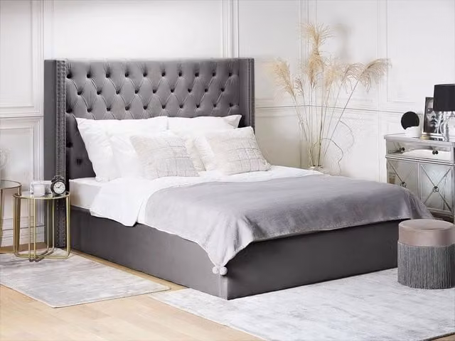 Letto Beliani moderno con testiera imbottita in velluto grigio e contenitore a sollevamento L/P/H: 180 x 200 x 75 cm – 1