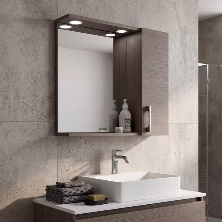 Specchio bagno pensile con anta laterale rovere effetto legno luce led