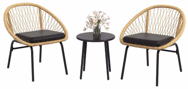 Set da giardino in rattan, set di mobili da giardino, 2 poltrone e tavolo, giallo