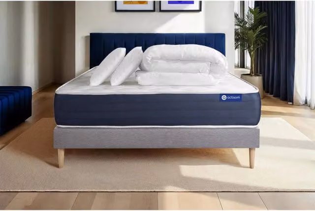 Pacchetto letto completo - Materasso 140x200cm + Box spring con doghe (in kit) + 2 cuscini + Piumino - Actimemo Sleep
