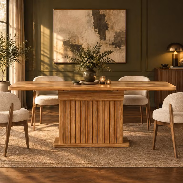 Tavolo da pranzo estendibile oqwish con spazio contenitore integrato, piano del tavolo allungabile, tavolo da cucina con frontali decorati con rilievi, colore marrone