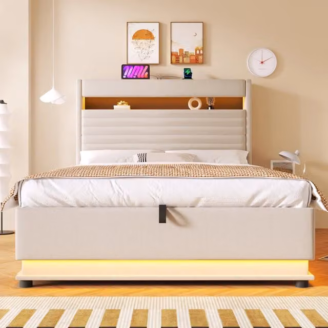 Letto imbottito 140x200 in lino beige; contenitore con sollevamento idraulico; LED; USB e USB-C