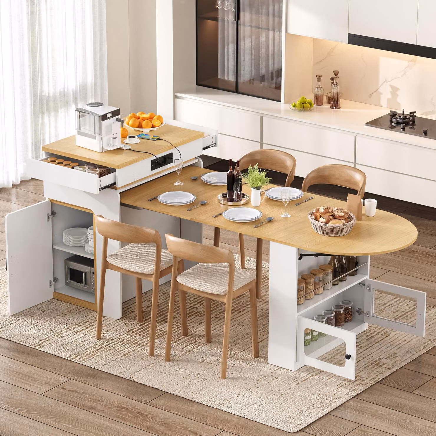 Tavolo allungabile con prese elettriche, illuminazione LED, ruote, piano di lavoro con cassetti, bancone da bar, tavolo per cucina e sala da pranzo, bianco