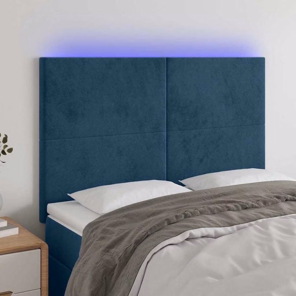 Testiera per letto vidaXL in velluto blu con illuminazione LED integrata e porta di ricarica USB, L: 144 cm, P: 5 cm, H: 118-128 cm