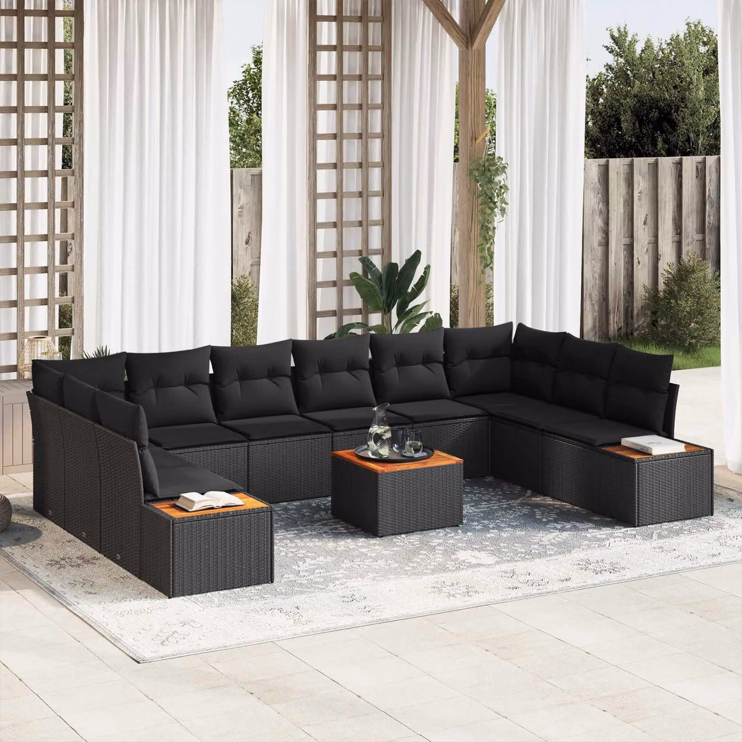 Set Divano da Giardino vidaXL 10 Posti Nero con Cuscini e Tavolino da Esterno in Polyrattan e Acciaio – 1