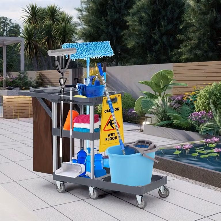 Carrello per la pulizia - Carrello per le pulizie - Veicolo per la pulizia - Carrello per la pulizia dei pavimenti - Carrello con mop - 3 ripiani portaoggetti - Struttura in alluminio