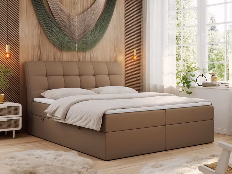 Letto boxspring 140x200 con materasso, letto con materasso Multipocket - H4 e topper, letto imbottito 140x200 con contenitore e testiera, DIEGOS - 140x200 - Marrone - Ecopelle - H4