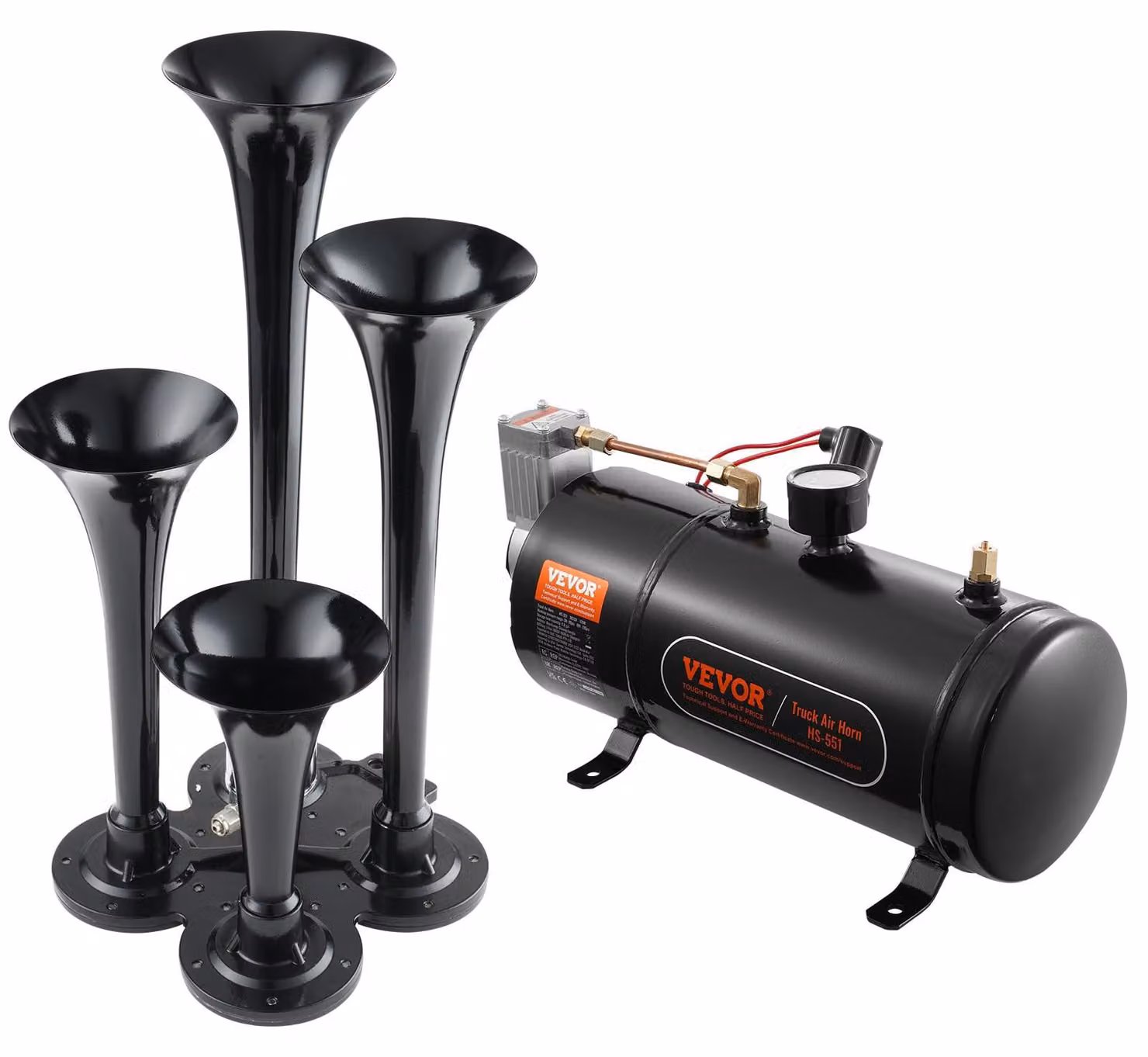 Set di trombe da treno VEVOR, set di trombe ad aria a 4 trombe, trombe da treno da 150 dB per camioncini, compressore d'aria da 12 V 120 psi, serbatoio da 3 L con manometro per qualsiasi veicolo da 12 V, auto, camion, treno, furgone, barca, ecc. Nero