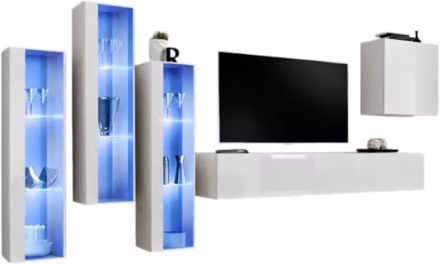 Composizione murale SWITCH XIII – Mobile TV, vetrine LED e cubo – Bianco lucido – Design moderno