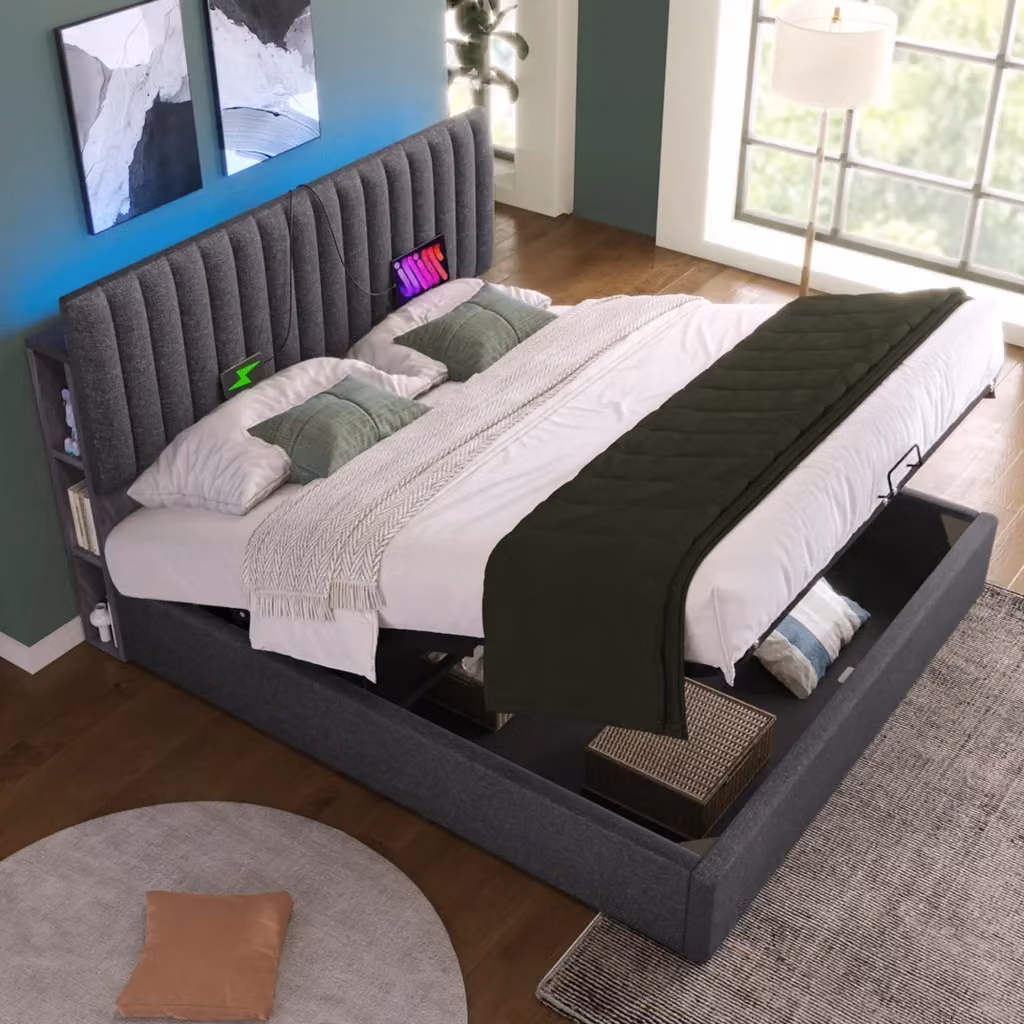 Letto imbottito Mivray con contenitore, testiera con LED, porte USB e Type-C, rivestimento in lino grigio, L/P/H: 160 x 200 x 106 cm – 2