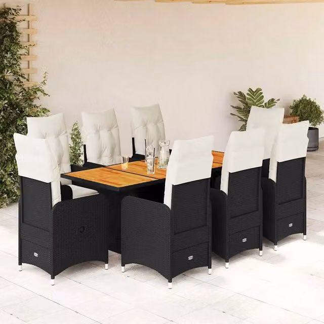 Set Bistrò da Giardino vidaXL in Polyrattan e Legno di Acacia con 9 Cuscini, Colore Nero e Bianco