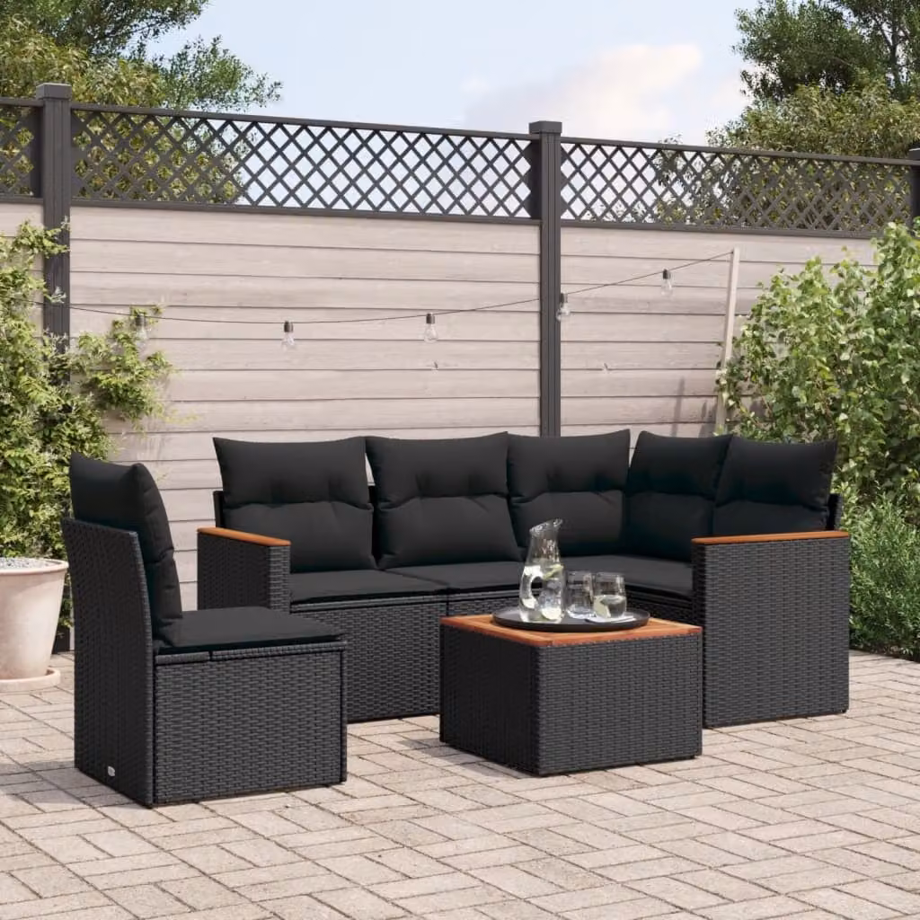 vidaXL Set Divano da Giardino 6 pz a L in Polyrattan Nero con Cuscini e Tavolino da Esterno – 1