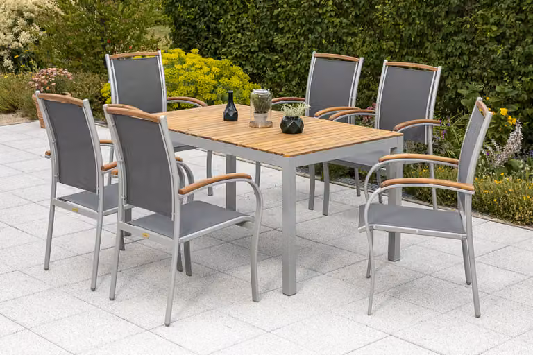 Set di mobili da giardino Merxx "Siena" 7 pezzi - Struttura in alluminio con rivestimento in tessuto nero e legno di acacia - 50232-219