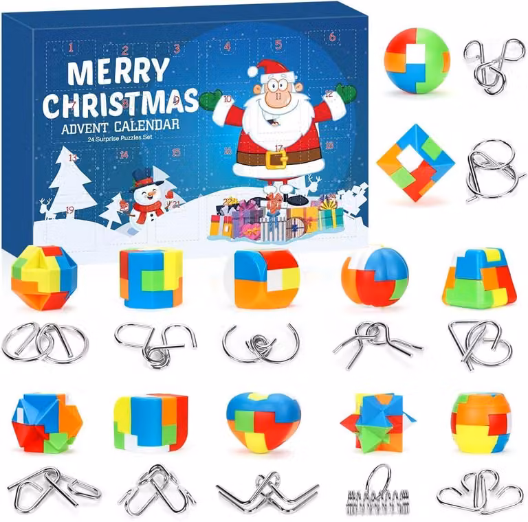 Calendario dell'Avvento 2025 con giochi di puzzle - Calendario dell'Avvento per bambini - Calendario natalizio con 24 pezzi di puzzle in plastica e metallo - Fili metallici - Puzzle