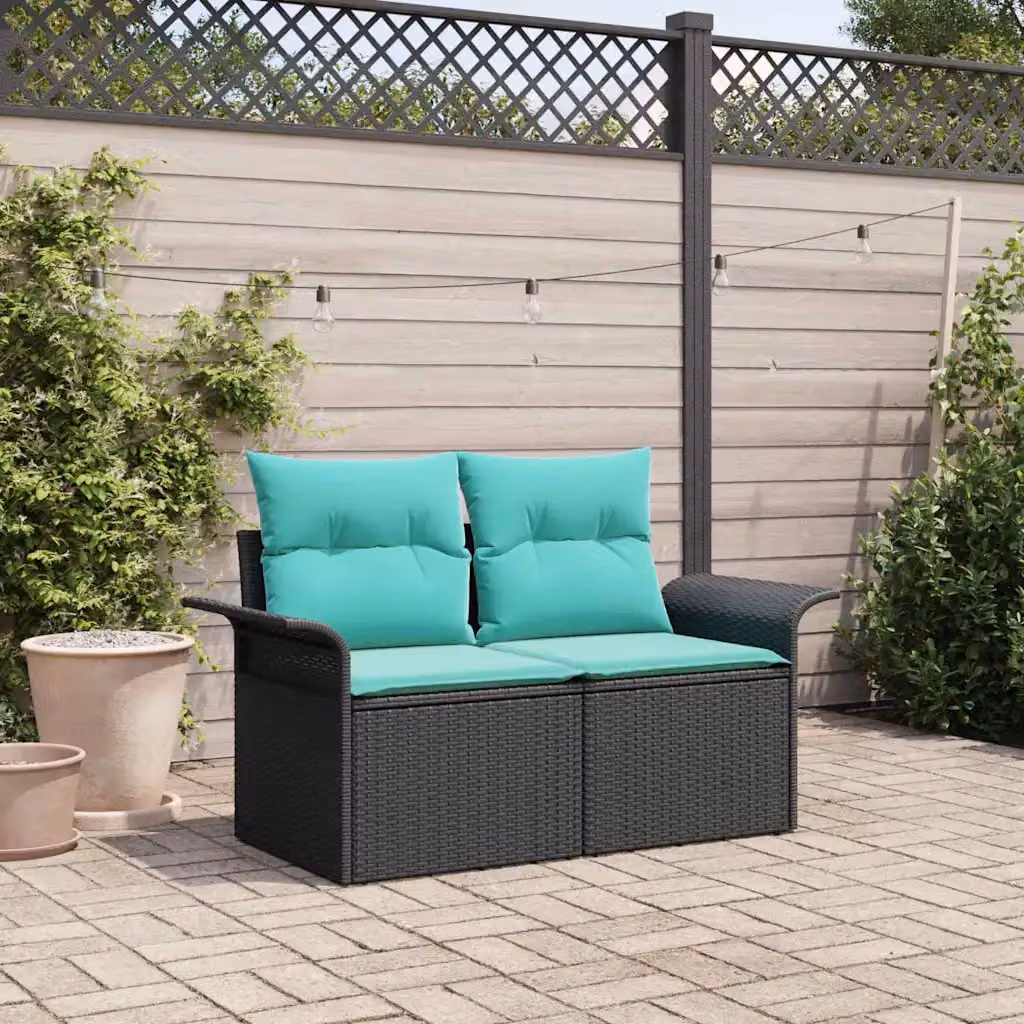 Divano da giardino a forma di U vidaXL in polyrattan con cuscini, nero e turchese