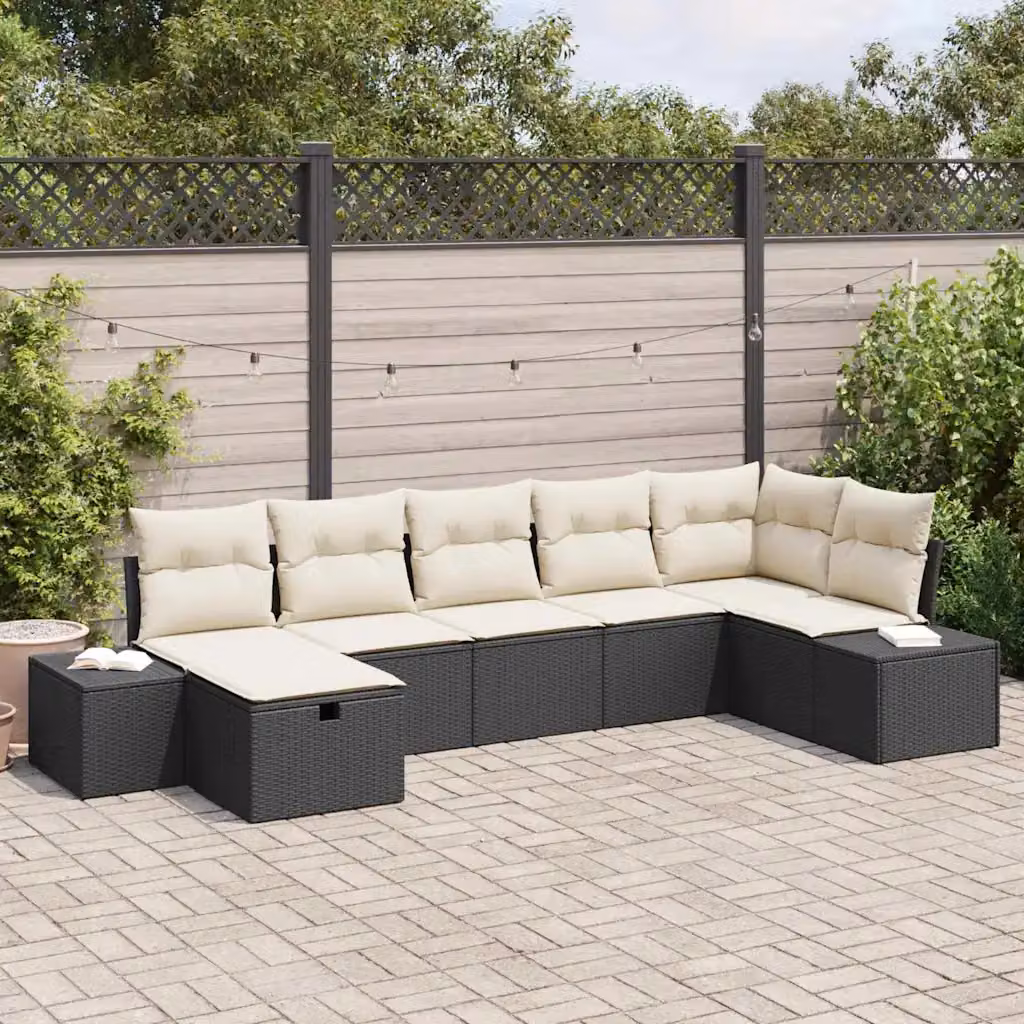 Set Divano da Giardino L-Shape vidaXL in Polyrattan Nero e Beige con 7 Pezzi e Cuscini – 1