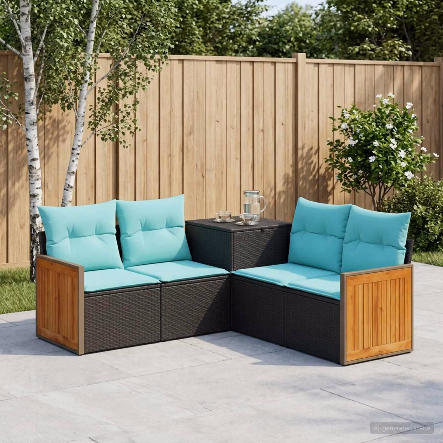 Set di divani da giardino vidaXL a forma di L con cuscini, nero e blu turchese in rattan sintetico e acciaio verniciato a polvere