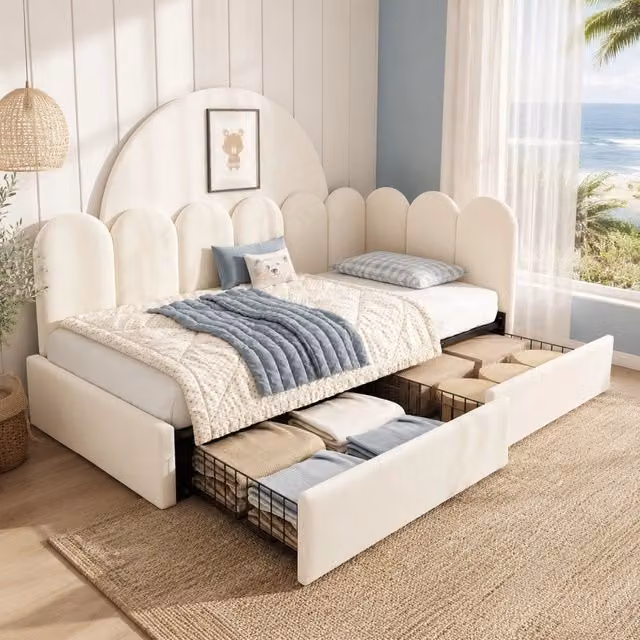 Letto singolo imbottito MODFU in velluto beige con 2 cassetti L/P/H: 90 x 200 cm